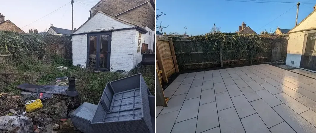 before and after porcelain patio install